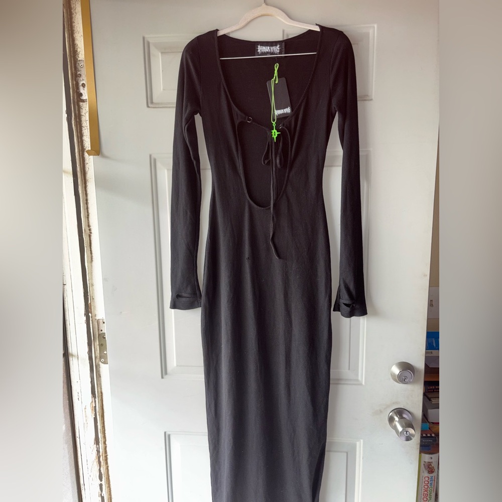 Darker Wav long black ribbed gothic dress size S flaw